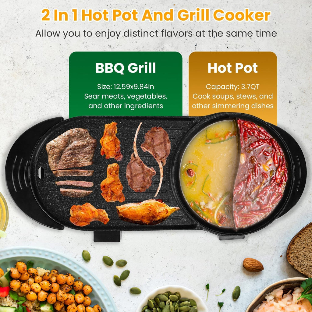 2 in 1 Electric Hot Pot with BBQ Grill Cooker 2200W Smokeless Non-Stick Korean BBQ Grill Shabu Shabu Hot Pot with Independent Temperature Control 5 Ge