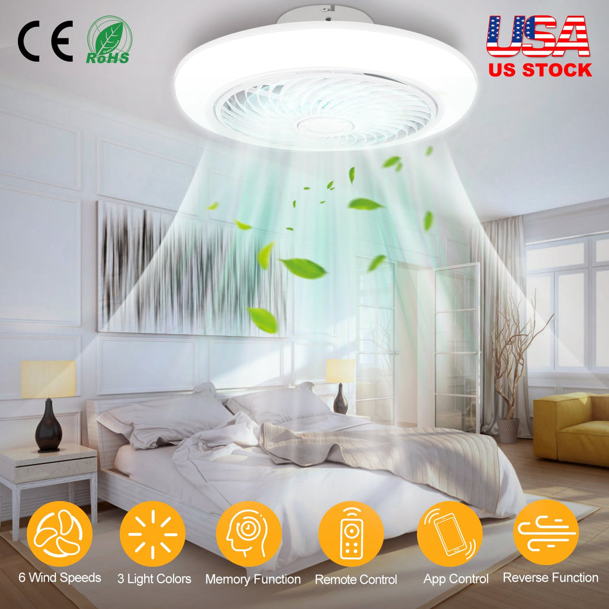17.71in LED Ceiling Fan with Light Round Pendant Fan Lamp Low Profile Fan Light with 6 Fan Speed 3 Colors Remote Control APP Control Timer Function