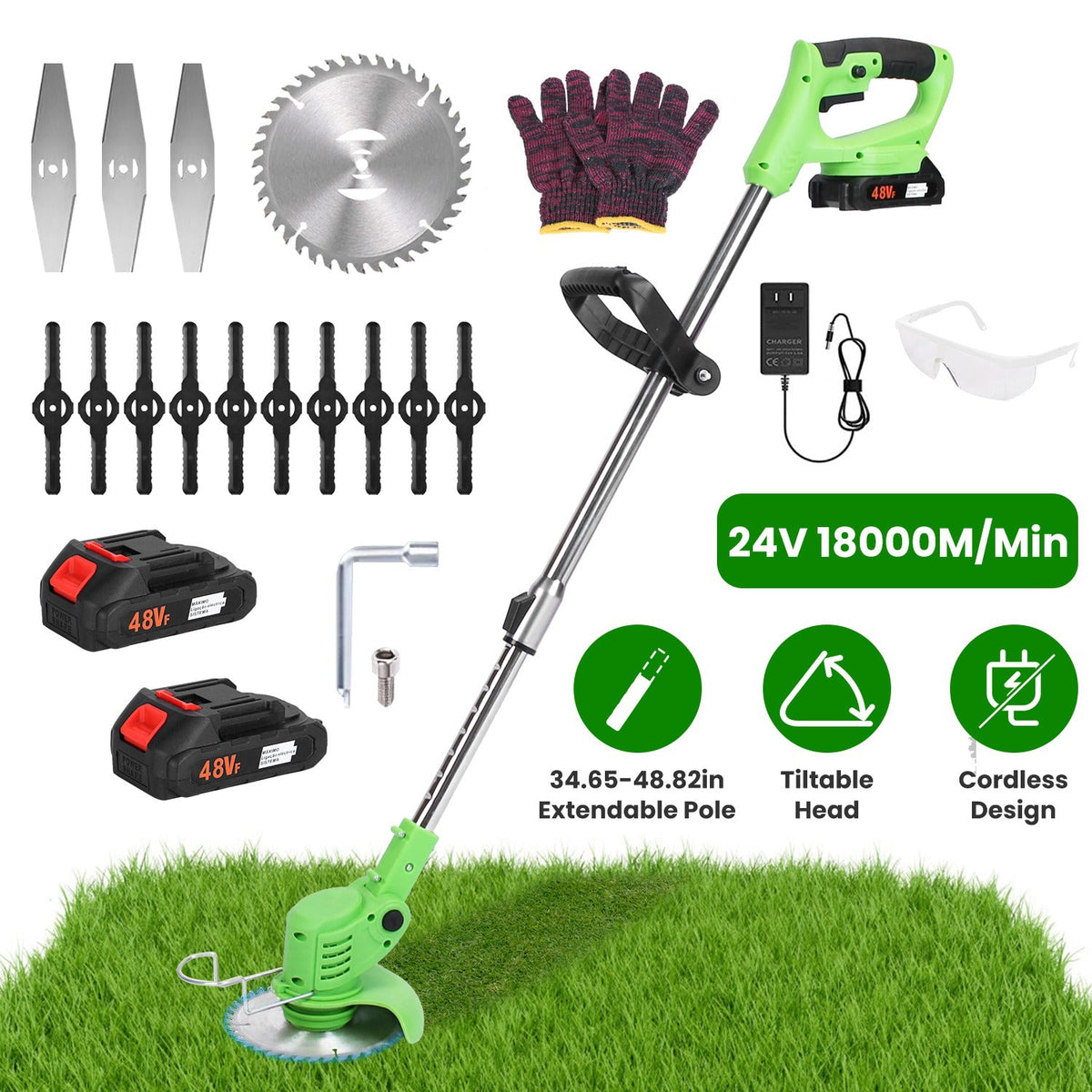 24V 300W Cordless Grass Trimmer Rechargeable Lawn Mower 18000M/Min Weed Cutter with Saw Blade 2 Stainless Steel Blades 10 Plastic Blades 2 Rechargeabl