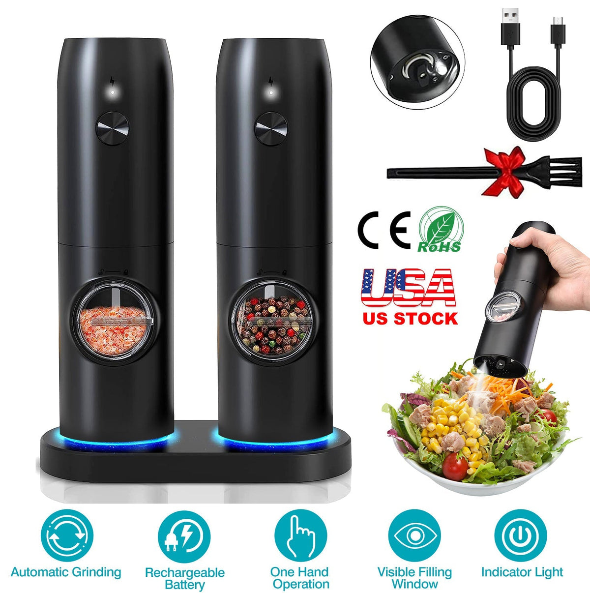 Electric Salt and Pepper Grinder Rechargeable Charging Base Automatic Salt Mill LED Indicator Adjustable Coarseness One Hand Easy Operation