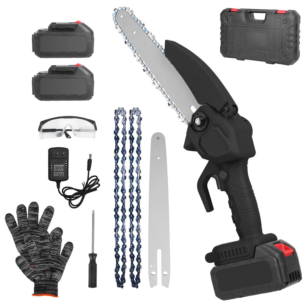 Electric Mini Chainsaw Portable Handheld Cordless Small Chain Saw Battery Powered with 2Pcs 1200mAh Rechargeable Batteries 8in Chains Gloves Goggles f