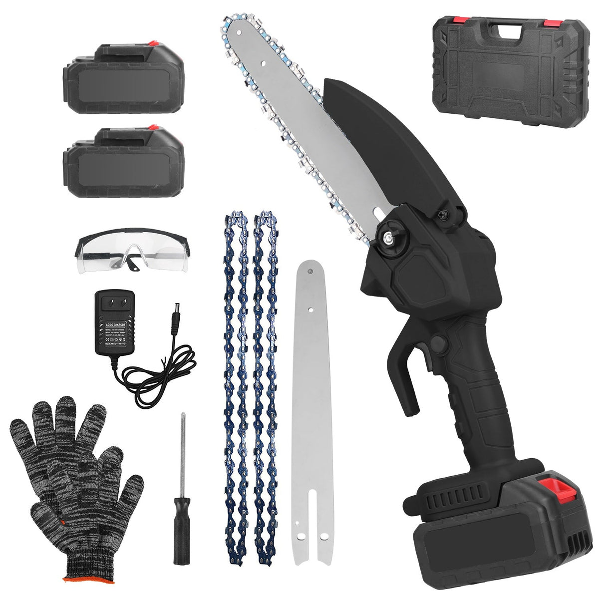 Electric Mini Chainsaw Portable Handheld Cordless Small Chain Saw Battery Powered with 2Pcs 1200mAh Rechargeable Batteries 8in Chains Gloves Goggles f