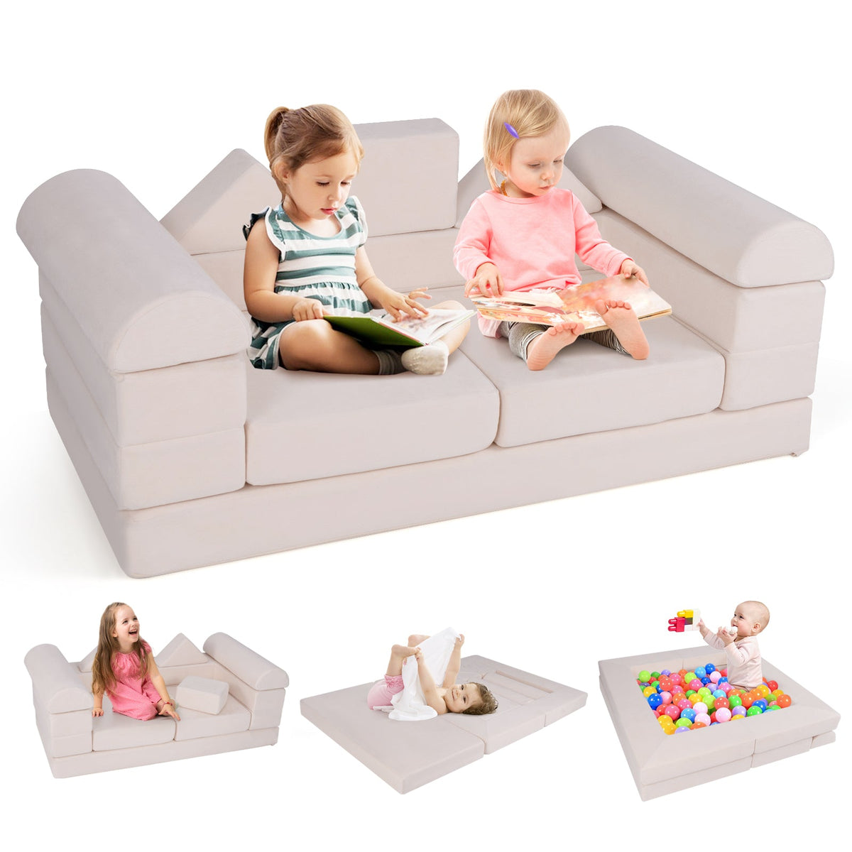 9-Piece Climb and Crawl Foam and Floor Playset with Breathable Suede Fabric-Beige