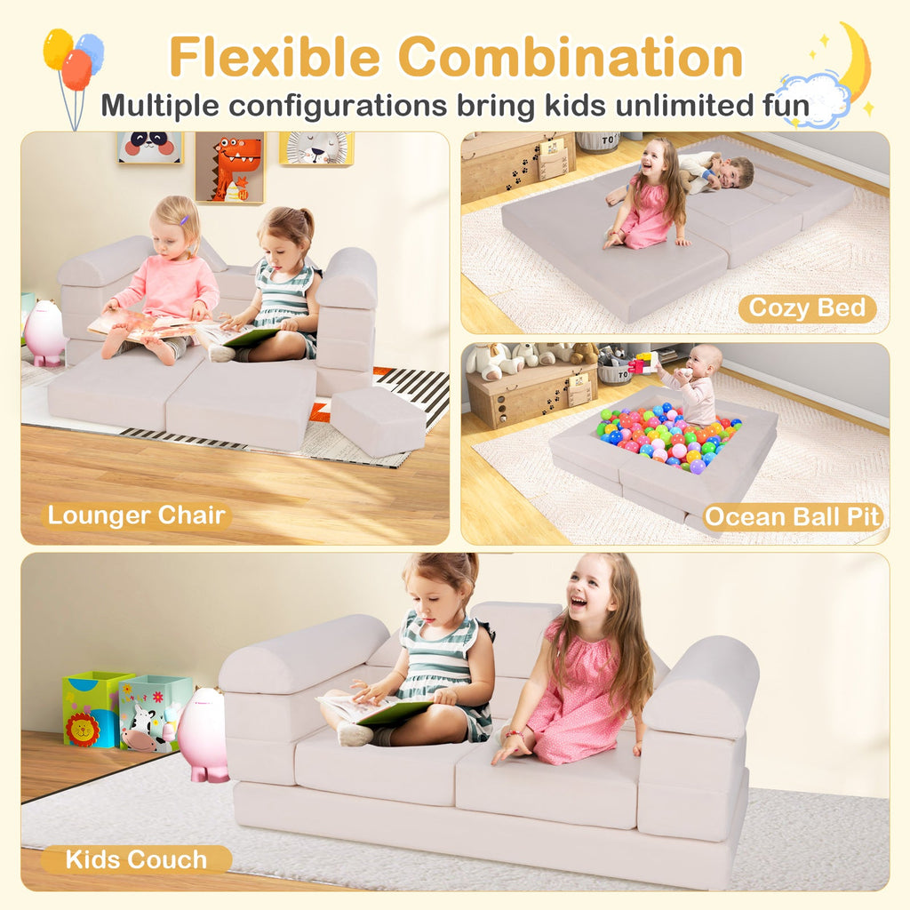 9-Piece Climb and Crawl Foam and Floor Playset with Breathable Suede Fabric-Beige