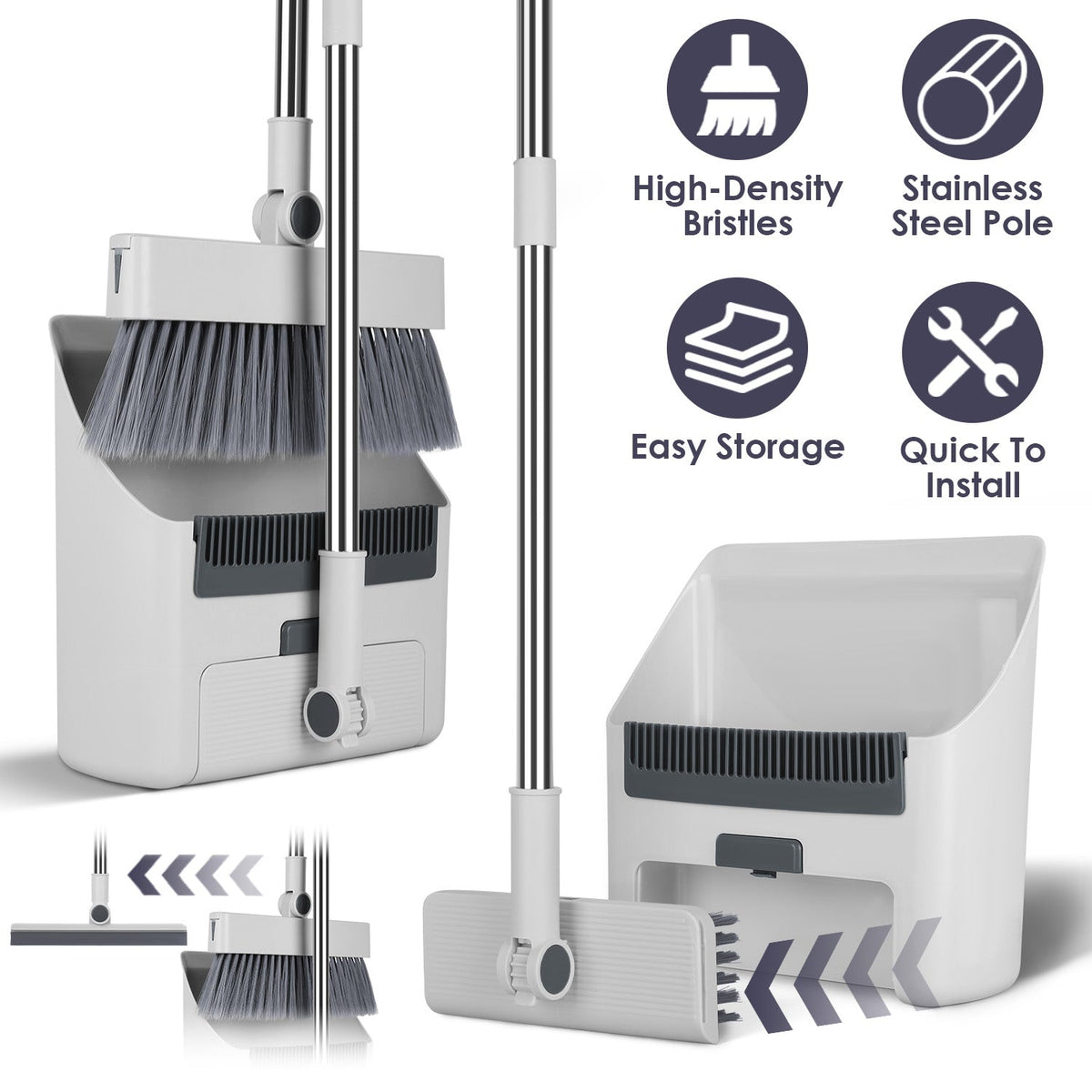 Broom And Dustpan Combo Set With Squeegee Stainless Steel Handle 4 In 1 Upright Standing Broom And Dust Pan For Indoor Outdoor Garage Kitchen Room Off