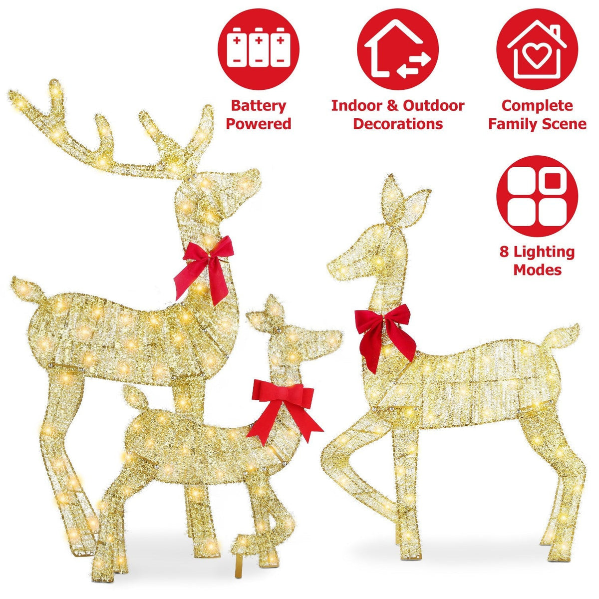3 Pieces 2D Lighted Christmas Deer Family Set Indoor Outdoor Light Up Reindeer Decorations Lighted Buck Doe Fawn Display with 8 Lighting Modes