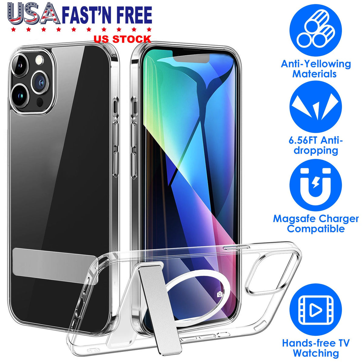 Magnetic Metal Kickstand Clear Case Shockproof Anti Yellowing Phone Cover Compatible with Magsafe Fit for IOS Phone 14 Pro Max