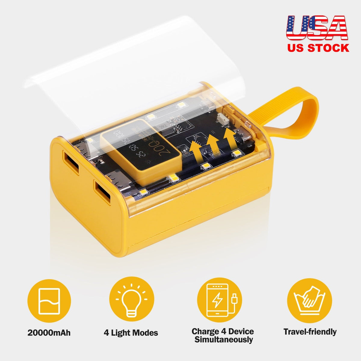 20000mAh Transparent Power Bank Portable Mini Phone Charger External Battery Pack with 3 Inbuilt Cables 4 Light Modes Digital Display Handle