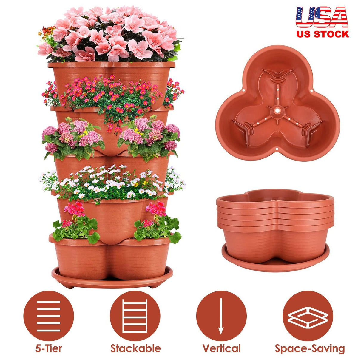 5 Tier Vertical Stackable Planter Garden Tower Stackable PlanterÊOutdoor Gardening Pots for Strawberries Flowers Herbs Vegetables