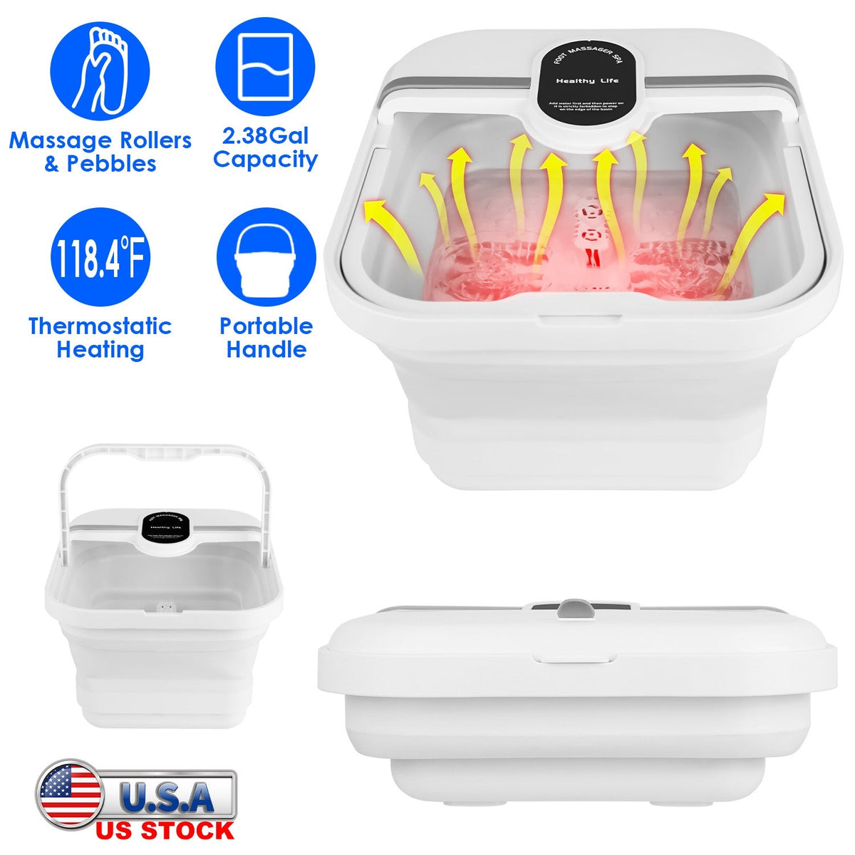 Collapsible Foot Spa Massager Electric Foot Soaker Tub Foldable Foot Spa Tub with Heating Function Handle 8Pcs Massage Rollers 44Pcs Simulated Pebbles
