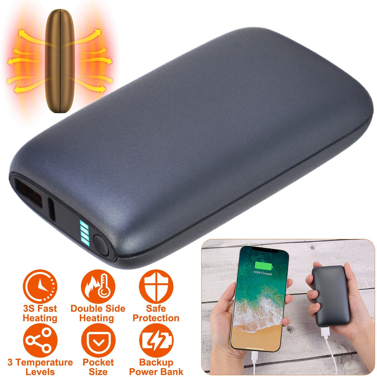 Electric Double Sided Hand Warmer 10000mAh Battery Backup Power Bank Rechargeable Hand Heater with 3 Temperature Levels Portable Pocket Warmer