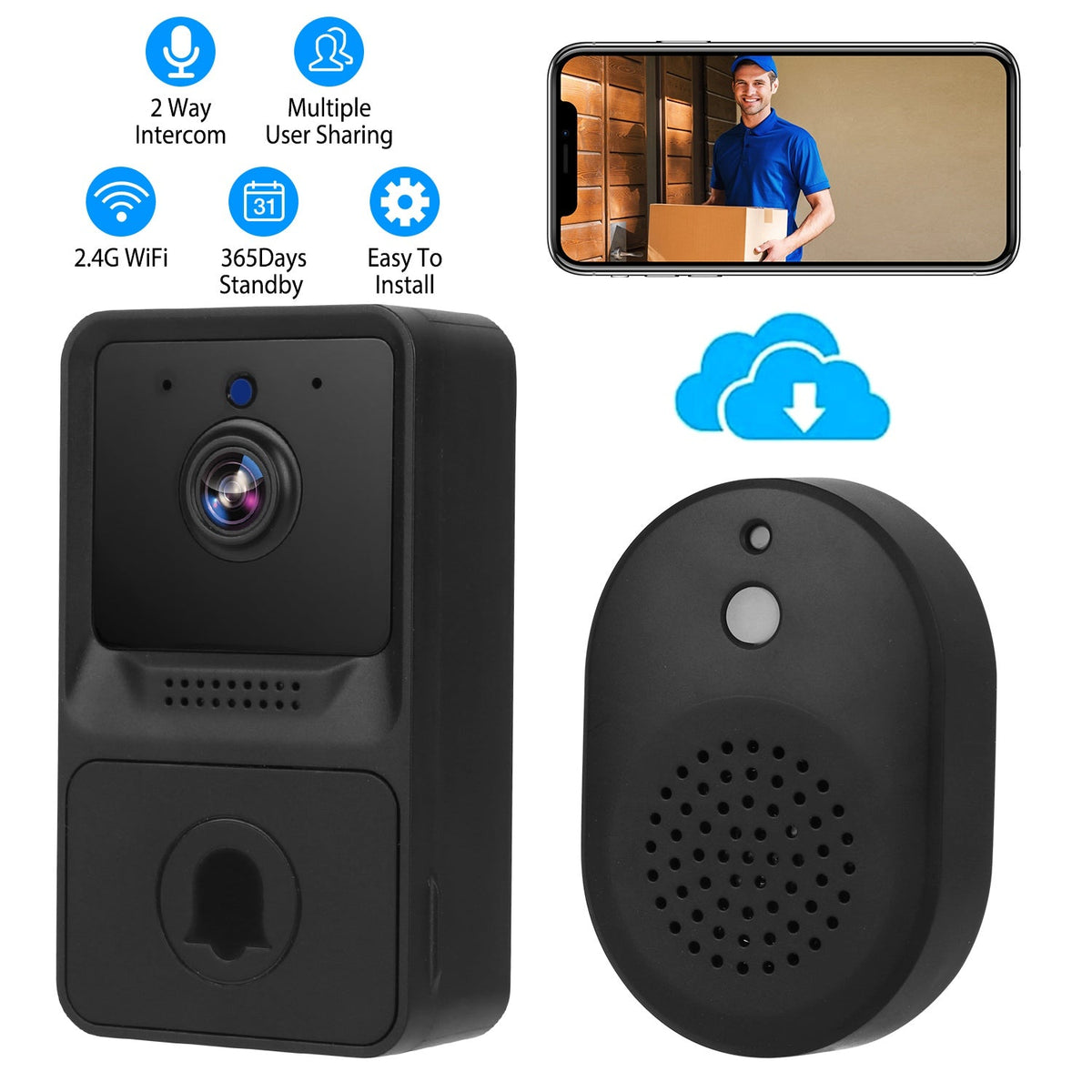 Smart Wireless Chime WiFi Doorbell Security 2 Way Intercom Visual Bell Chime Night Vision Camera Door Bell