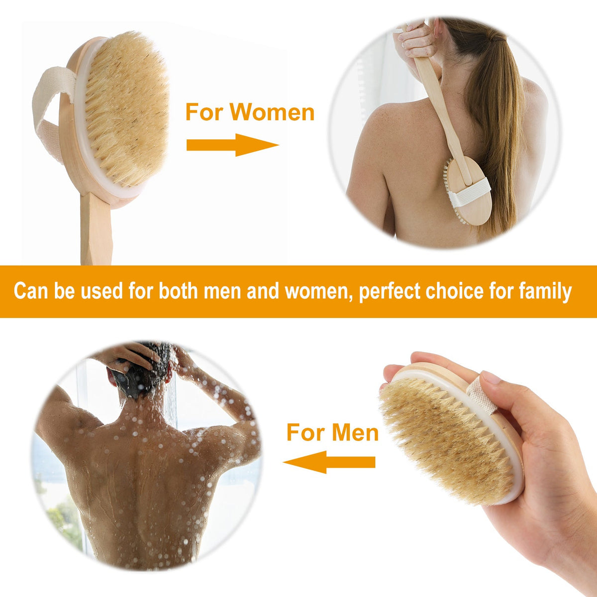 Bath Brush 15" Shower Body Back Scrubber with Long Handle Detachable Brush for Cellulite Exfoliating Detox