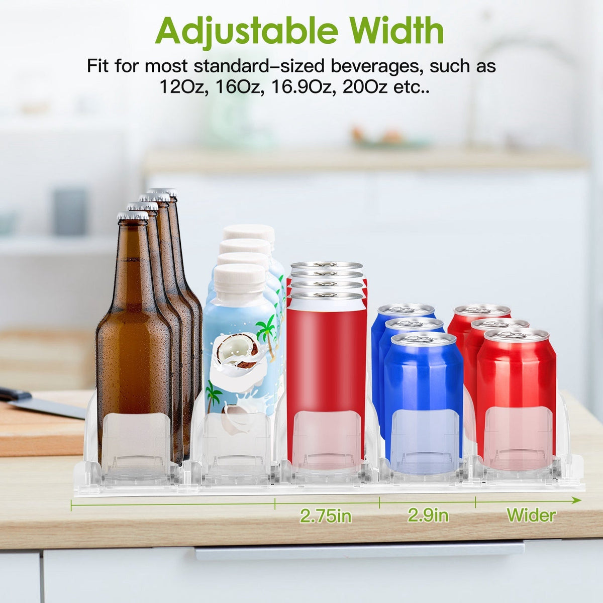 Drink Organizer for Fridge Spring Loaded Beverage Dispenser Width Adjustable Drink Holder with Automatic Pusher Glide 5 Rows Hold up to 25 Cans Bottle