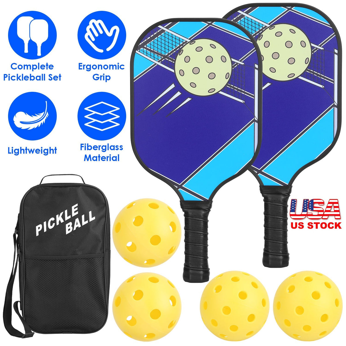 Pickleball Set 2 Fiberglass Paddles 4 Outdoor Indoor Balls Portable Carry Bag 2 Cooling Towel Lightweight Ergonomic Grip for Beginners Pros