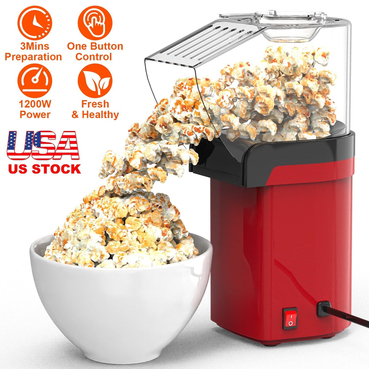 Hot Air Popcorn Popper Maker with Measure Cup And Butter Warmer 1200W Oil-Free Easy To Use 8Cups Mini Popcorn Maker Machine for Home