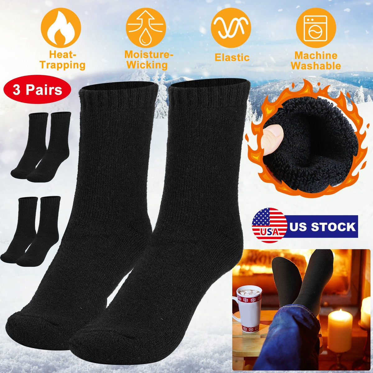 3 Pairs Men Warm Wool Socks Soft Cozy Winter Thermal Socks For Men Thick Heat-Trapping Moisture Wicking Socks Indoor Outdoor