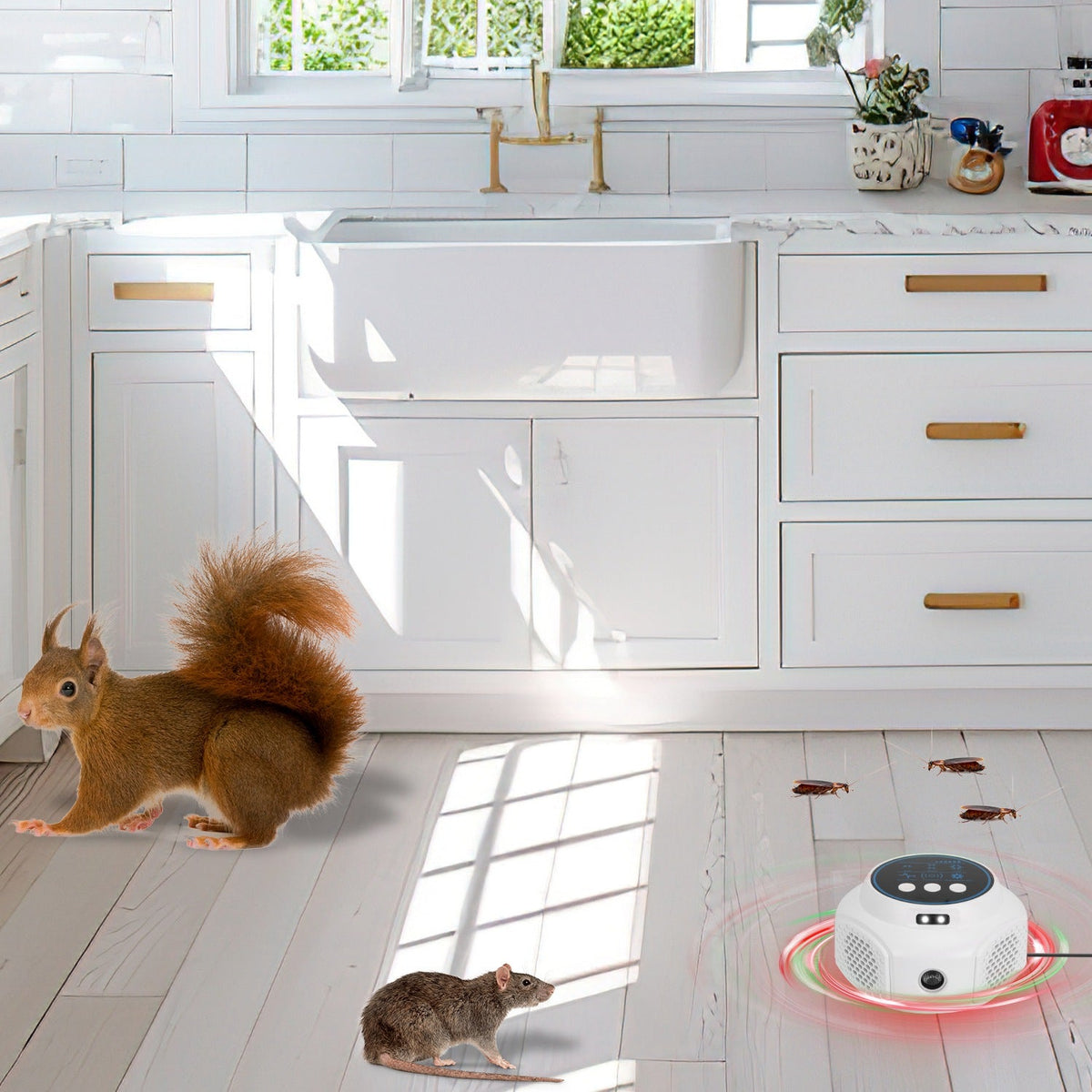 360¡ Ultrasonic Mice Repellent Indoor Rodent Repeller Rat Squirrel Rodent Chaser with 3 Modes 2 Strobe Lights for Kitchen Warehouse