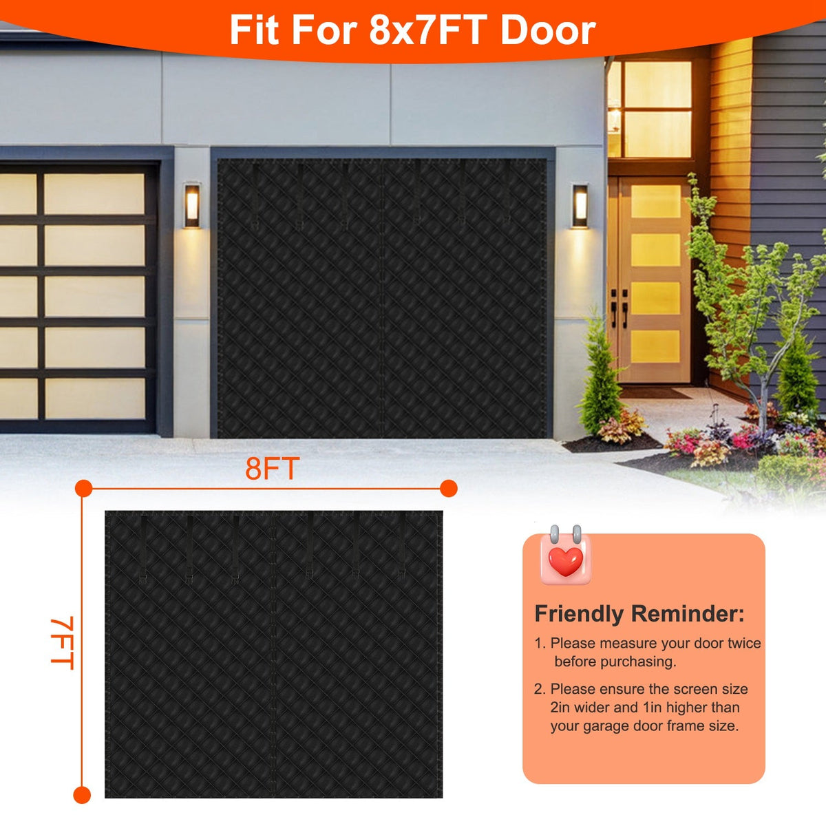 8*7FT Magnetic Thermal Insulated Garage Door Curtain for Winter Singe-Car Garage Screen with Magnetic Closure 6 Roll Up Buckle Straps for One Cars Wea