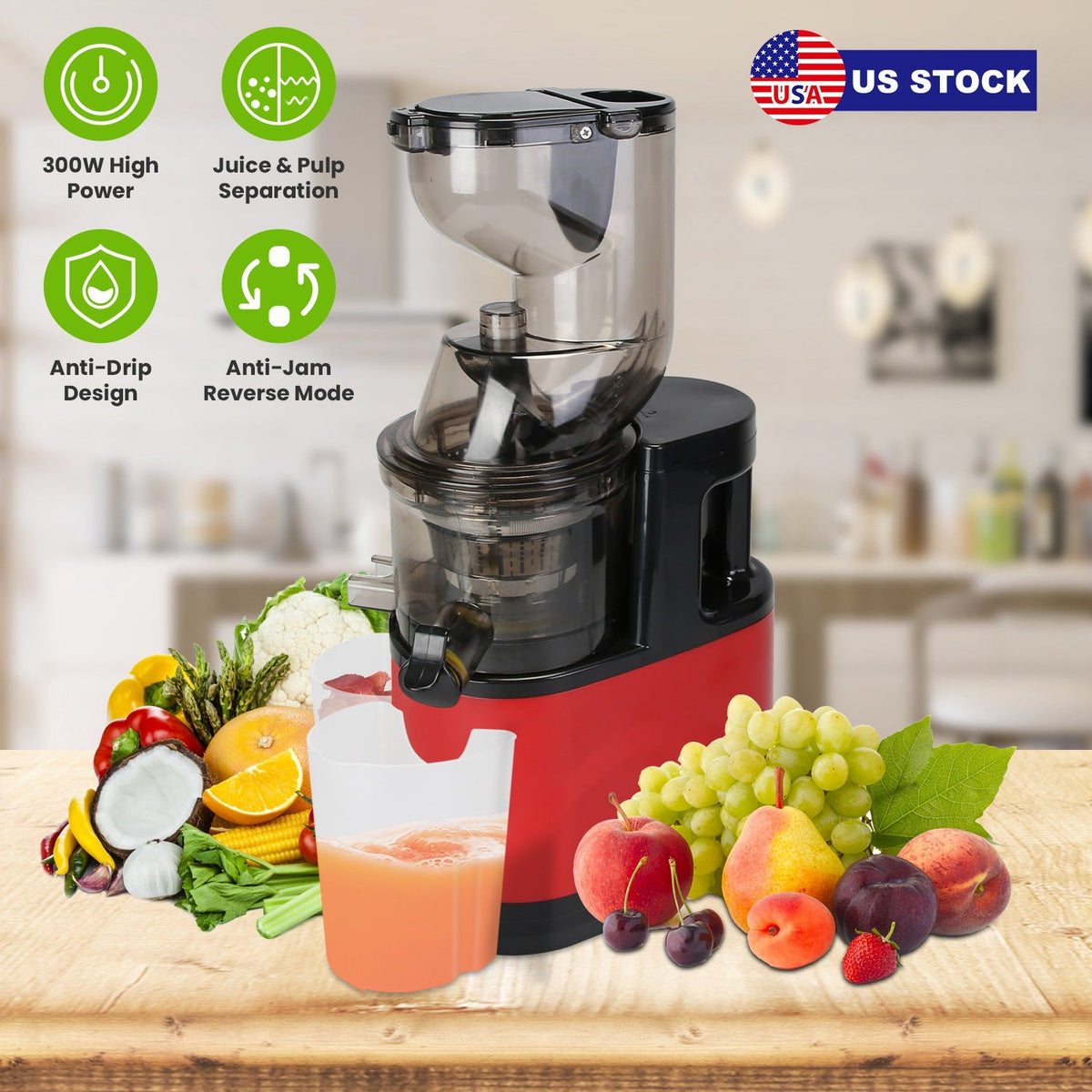 Cold Press Juicer Machine 300W Electric Slow Masticating Juicer for Whole Vegetable and Fruit with Reverse Function 2 Containers Cleaning Brush Clear