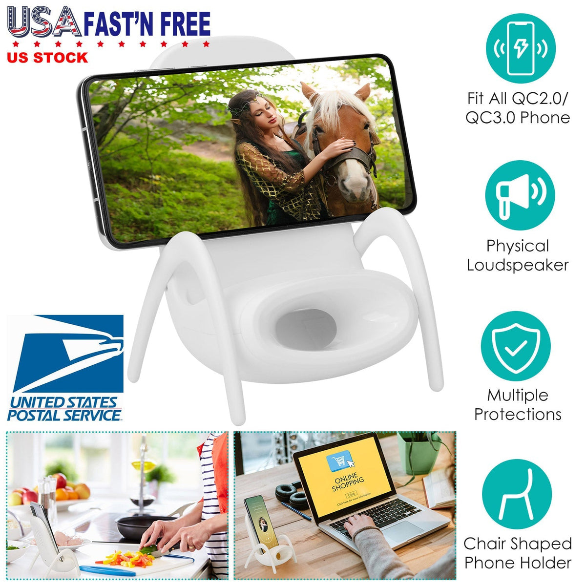 Wireless Charger Portable Mini Chair Phone Holder Stand Bracket with Physical Speaker Fit For All Phone with QC2.0 QC3.0 Standard