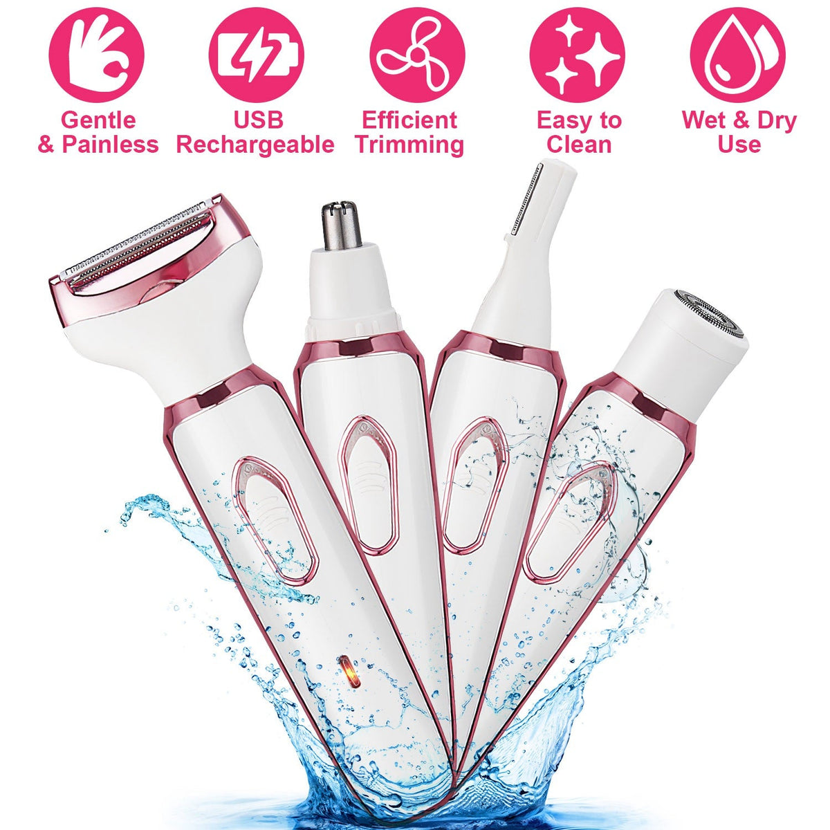 4 In 1 Electric Razor for Women Painless Grooming Kit Rechargeable Eyebrow Nose Hair Pubic Hair Bikini Trimmer Face Shaver