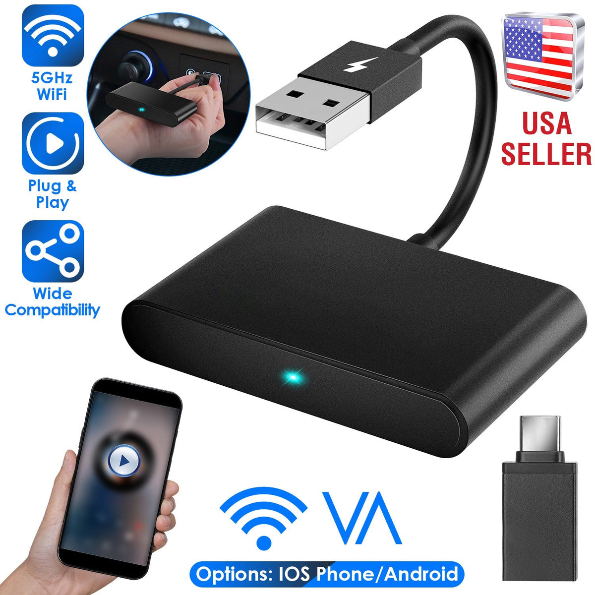 Android Wireless Adapter for In-car Infotainment System 5GHz WiFi Car Auto Navigation Player Fit for FORD HONDA CHEVROLET IOSPhone 6+