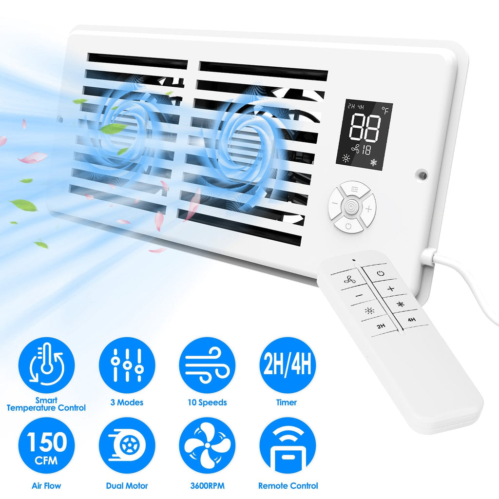 Register Booster Fan Smart AC Vent Booster Fan Fits 4" x 10" Register Holes with 3 Modes 10 Speeds 2H/4H Timer LCD Screen 2 Scent Diffuser Slots Remot