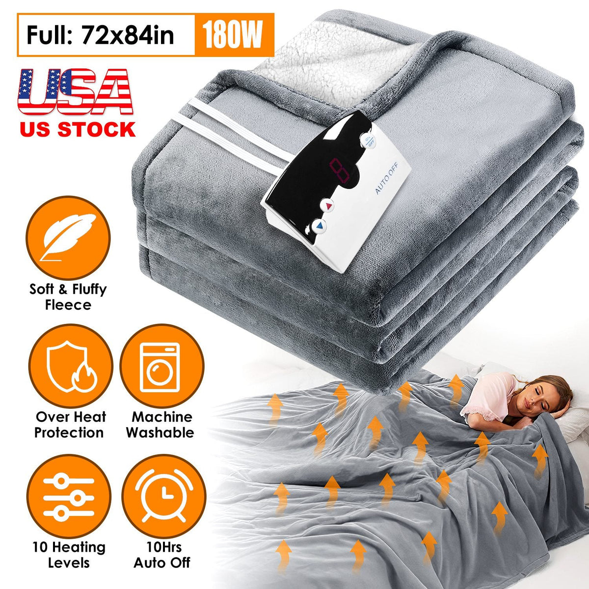 Electric Heated Full Size Fleece Heated Blanket with 10 Heating Levels 10 Hours Auto Off Machine Washable for Home Office Usage 72x84in