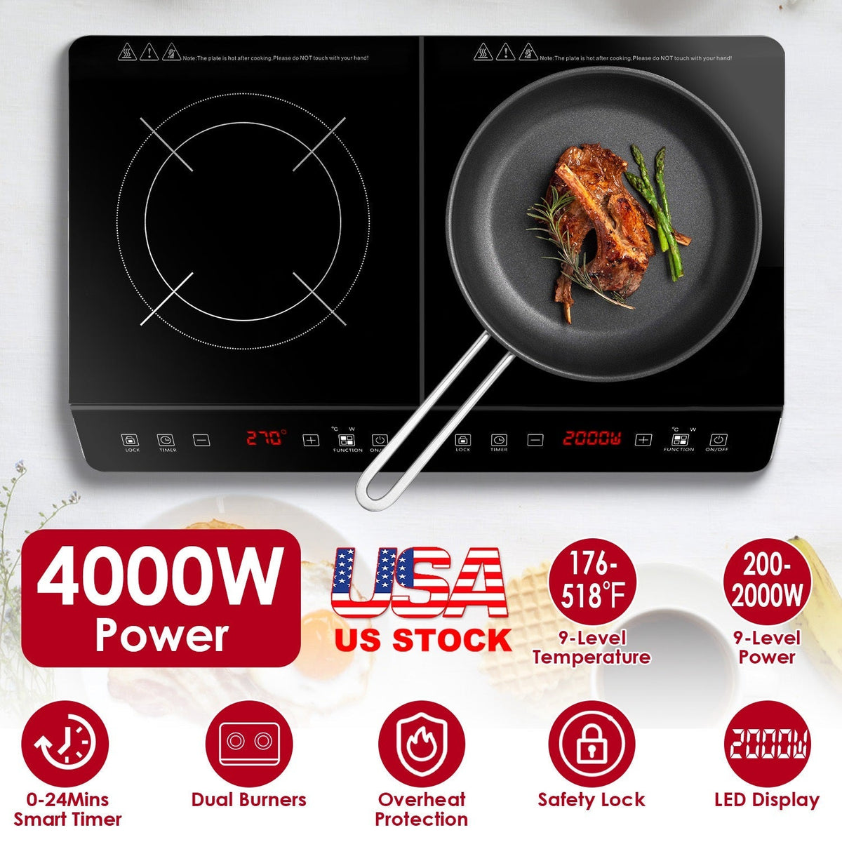 4000W Induction Cooktop Portable Double Induction Cooker Electric Dual Burner Stove Countertop Hot Plate with 9 Power 9 Temperature 0-3H Timer