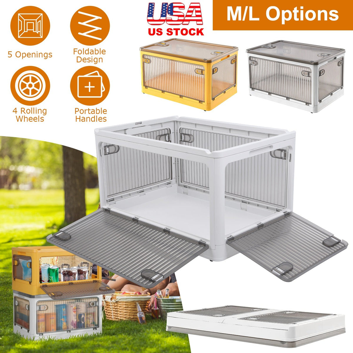70QT/66L Foldable Storage Bins with Lid 4 Doors Collapsible Stackable Closet Organizer Containers with Lock 4Pcs Wheels