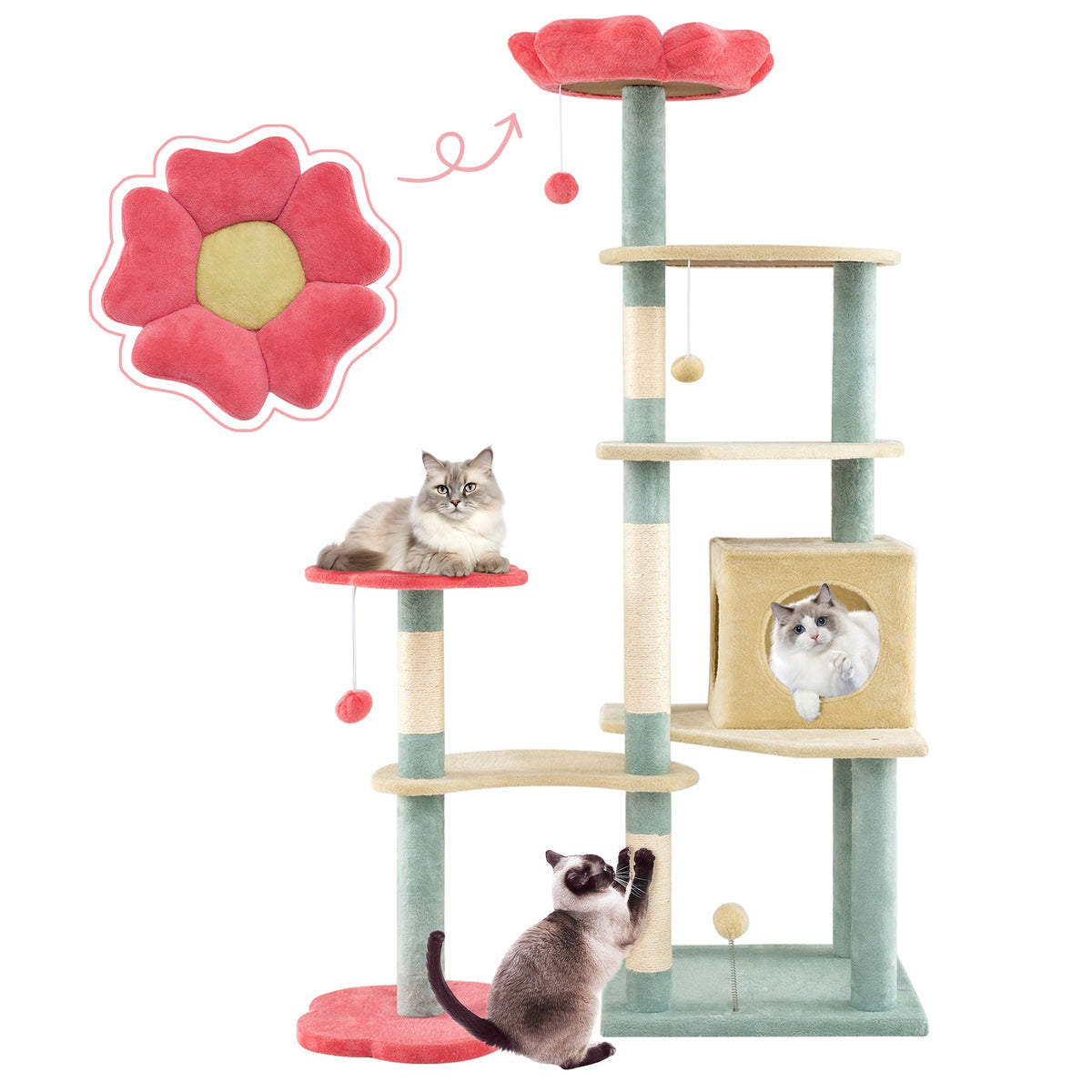 61 Inch Multi-Level Aesthetic Floral Kitten Tower with Flower-Shaped Padded Perch-Multicolor