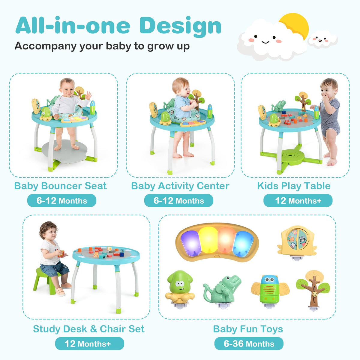 5-in-1 Baby Activity Center Interactive Bounce Seat with Removable Toys-Blue