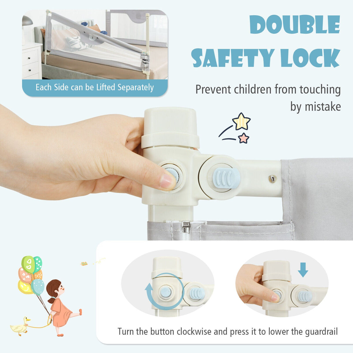 Vertical Lifting Baby Bedrail Guard with Double Safety Child Lock