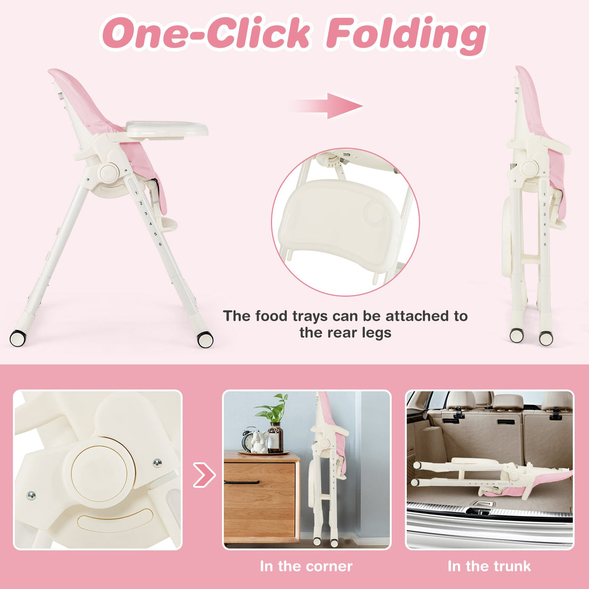 4-in-1 Baby High Chair with 6 Adjustable Heights-Pink