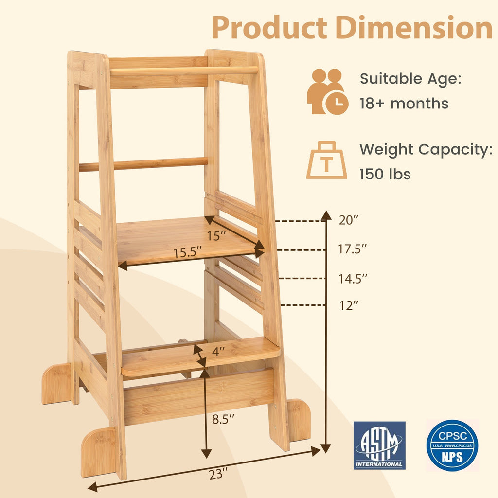 Bamboo Kids Kitchen Step Stool with Adjustable Height and Safety Rails-Natural