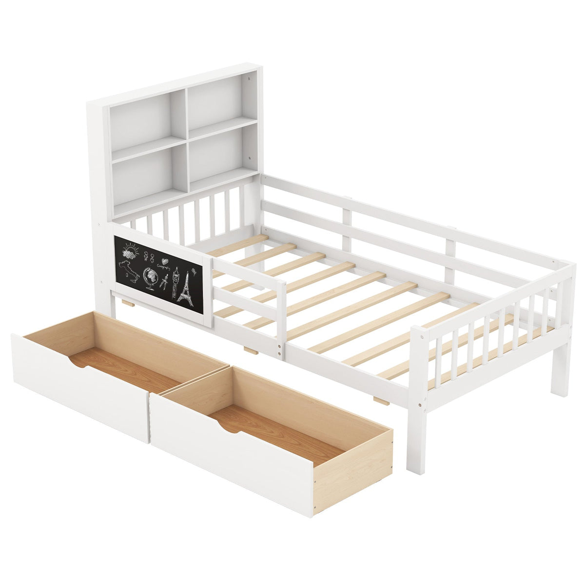 Twin/Full Size Bed Frame with 2 Drawers and Bookcase for Boys and Girls-Twin Size