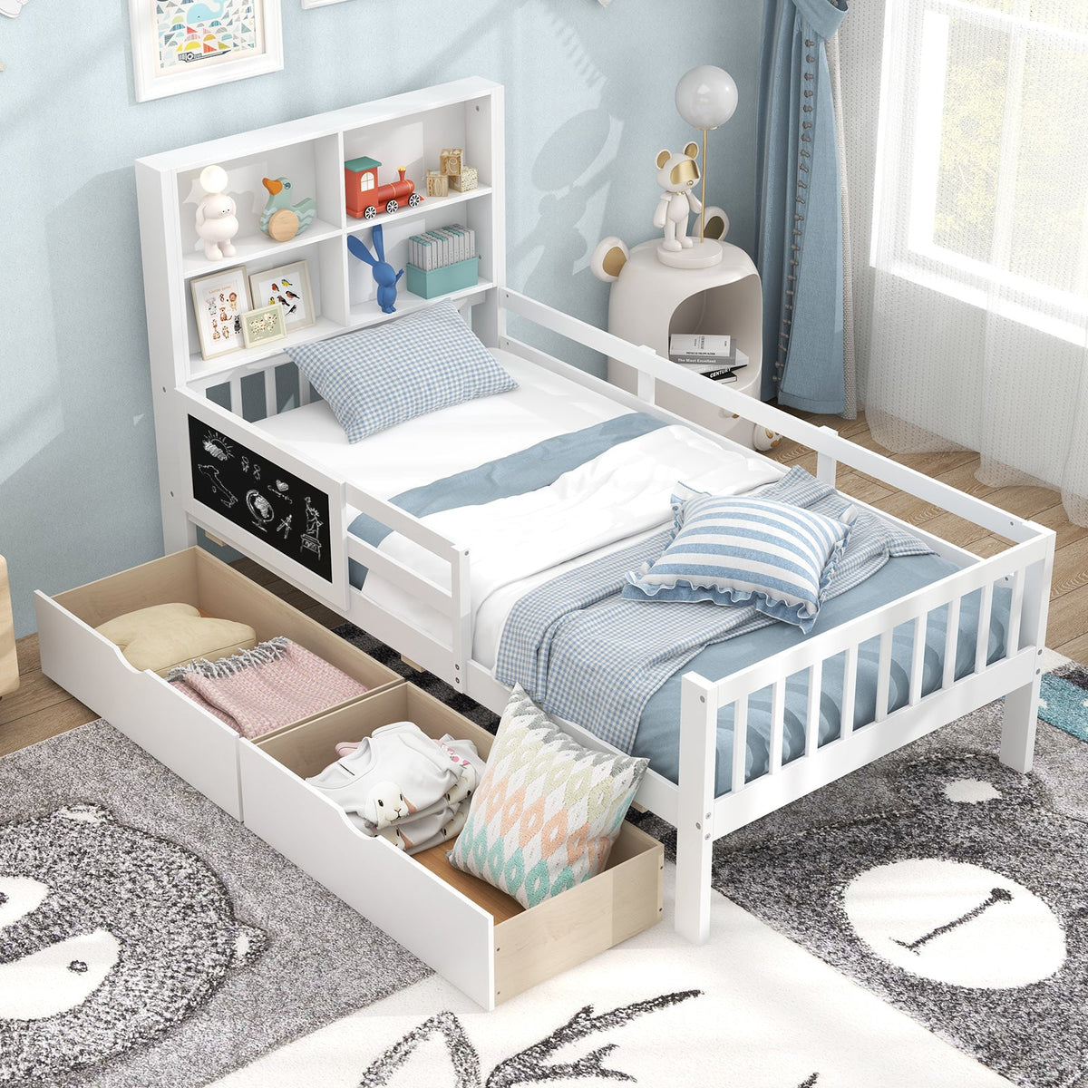 Twin/Full Size Bed Frame with 2 Drawers and Bookcase for Boys and Girls-Twin Size