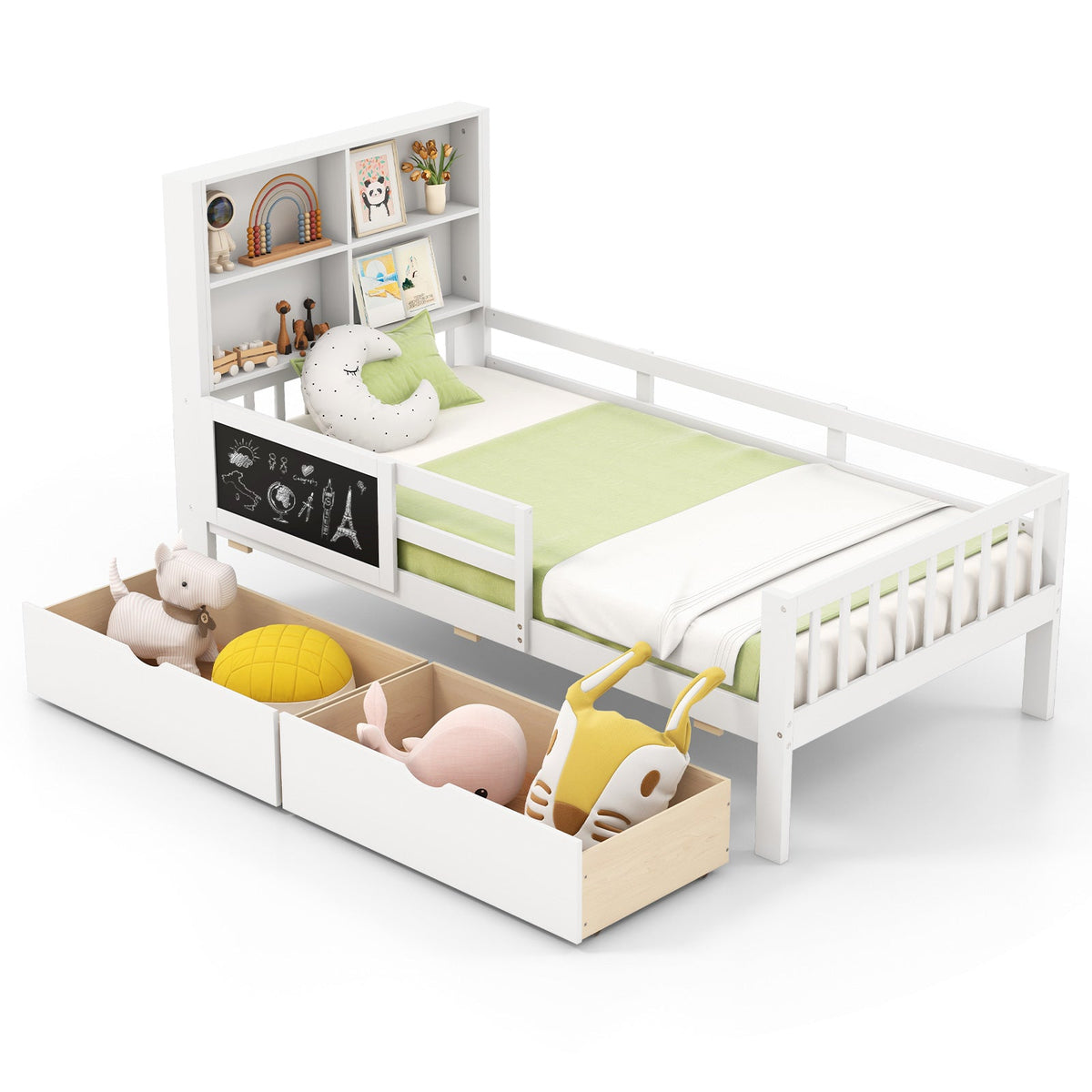 Twin/Full Size Bed Frame with 2 Drawers and Bookcase for Boys and Girls-Twin Size