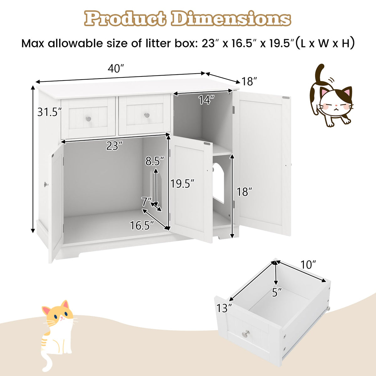 Cat Litter Box Enclosure with 2 Drawers and 3 Doors for Kittens and Adult Cats-White