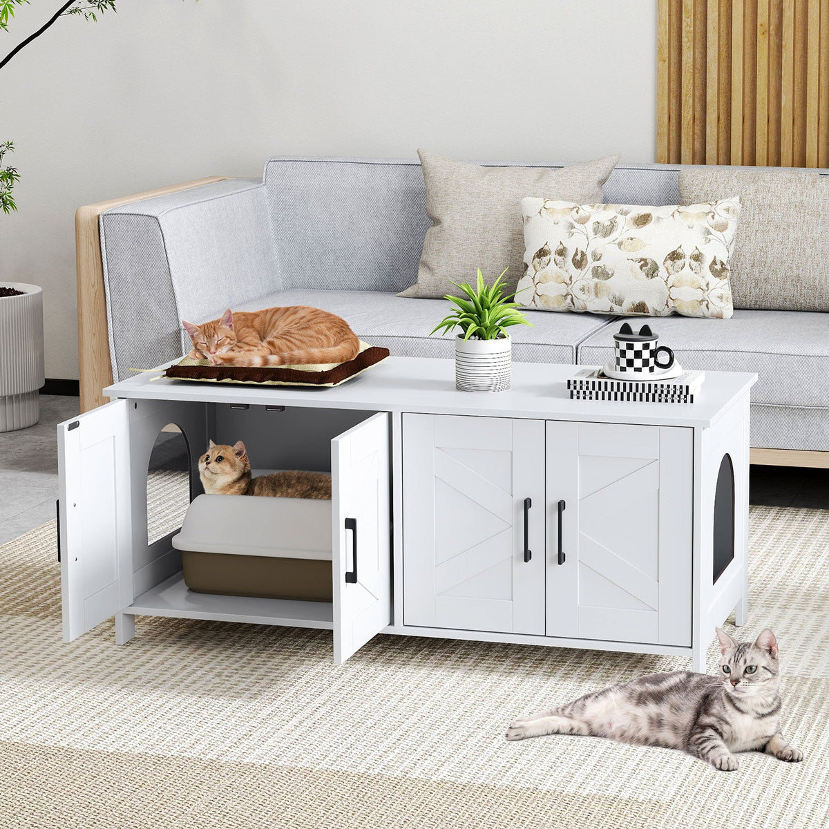 Cat Litter Box Enclosure for 2 Cats Modern Kitty Litter Box Furniture Hidden-White
