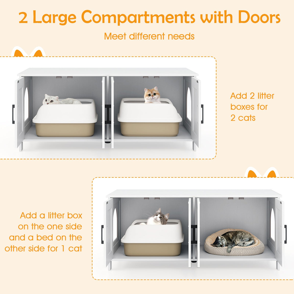 Cat Litter Box Enclosure for 2 Cats Modern Kitty Litter Box Furniture Hidden-White