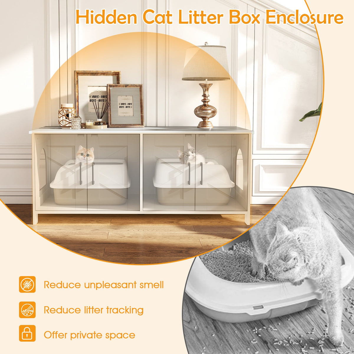 Cat Litter Box Enclosure for 2 Cats Modern Kitty Litter Box Furniture Hidden-White
