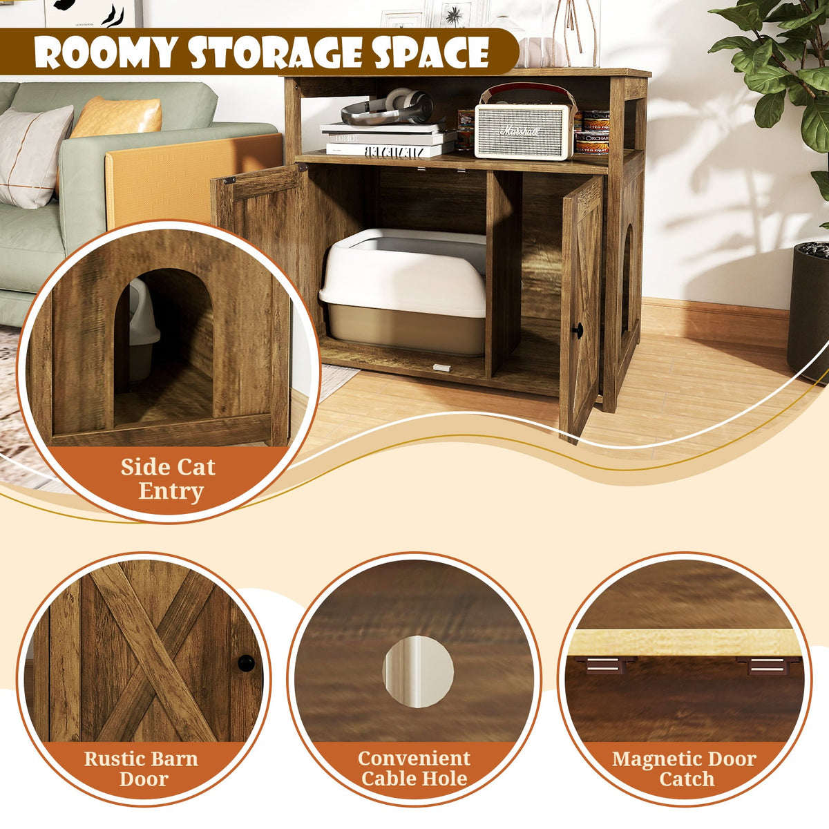 Cat Litter Box Enclosure with Double Barn Doors  Divider  Side Entry and Storage Shelf