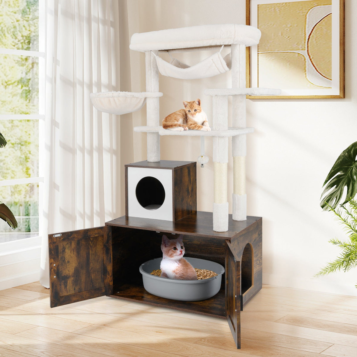 Cat Tree with Litter Box Enclosure for Indoor Cats-Rustic Brown