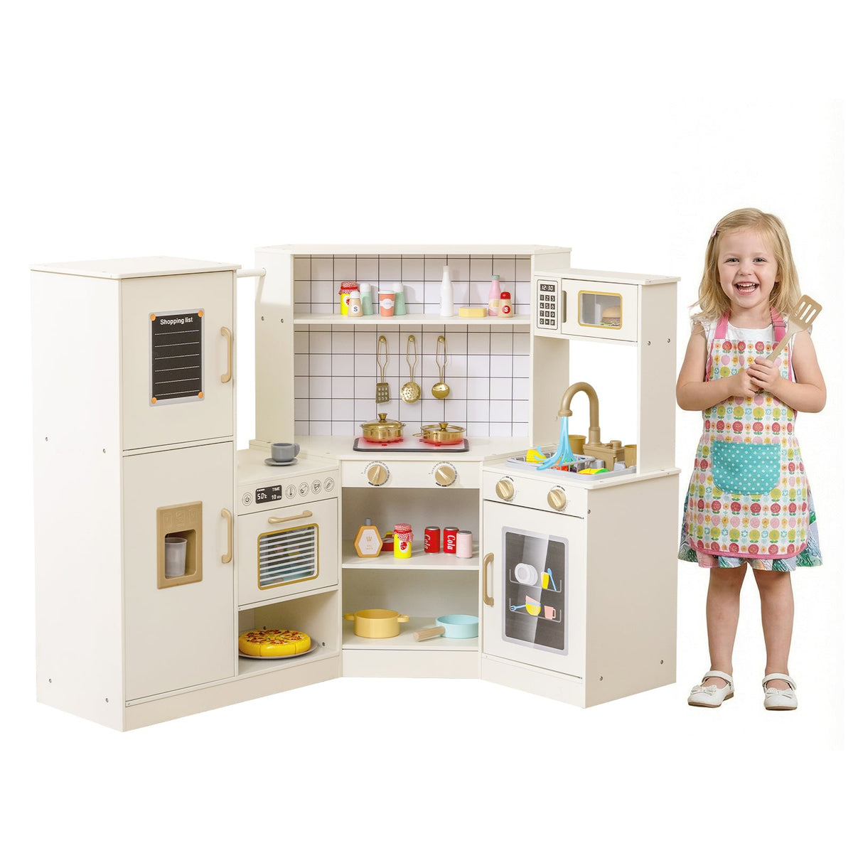 Corner Kids Play Kitchen with Stoves with Lights and Sounds-Beige