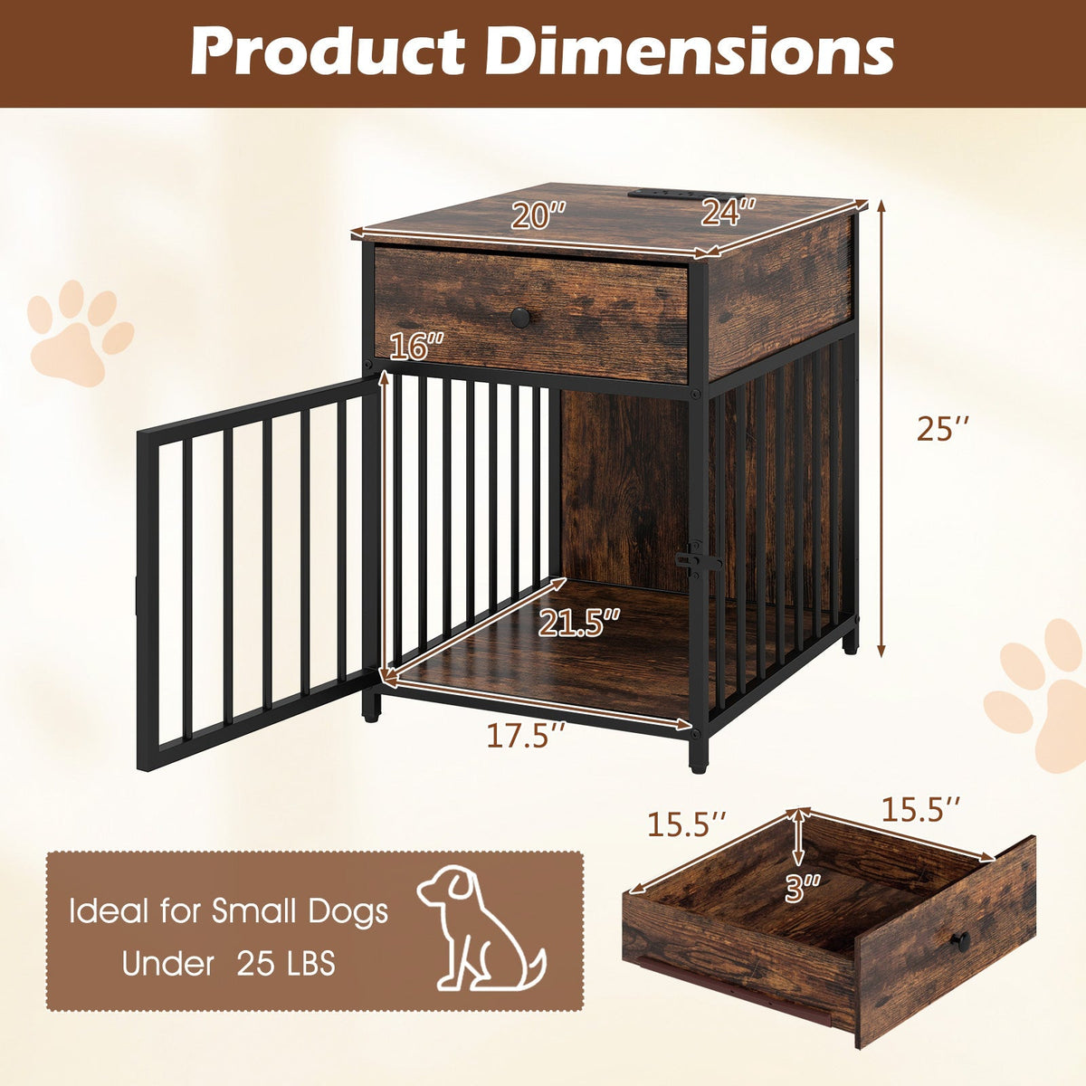 Dog Crate Furniture for Small Dogs Wooden Puppy Kennel with Charging Station-Rustic Brown