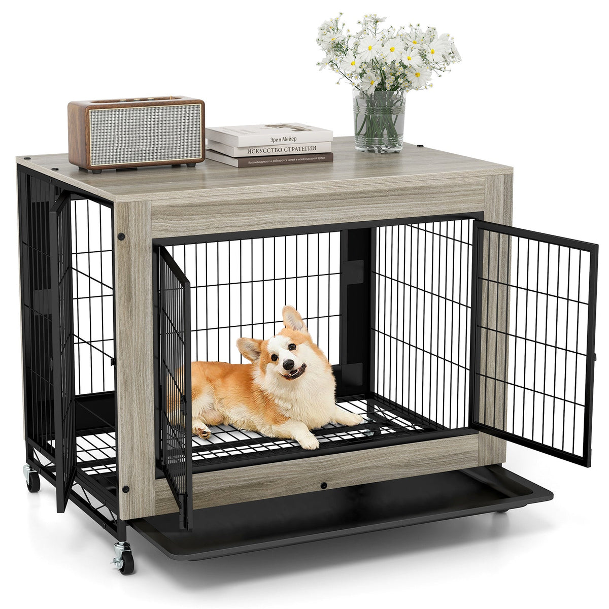 Industrial Dog Kennel with Flip-up Top 3 Lockable Doors and Removable Tray-Gray