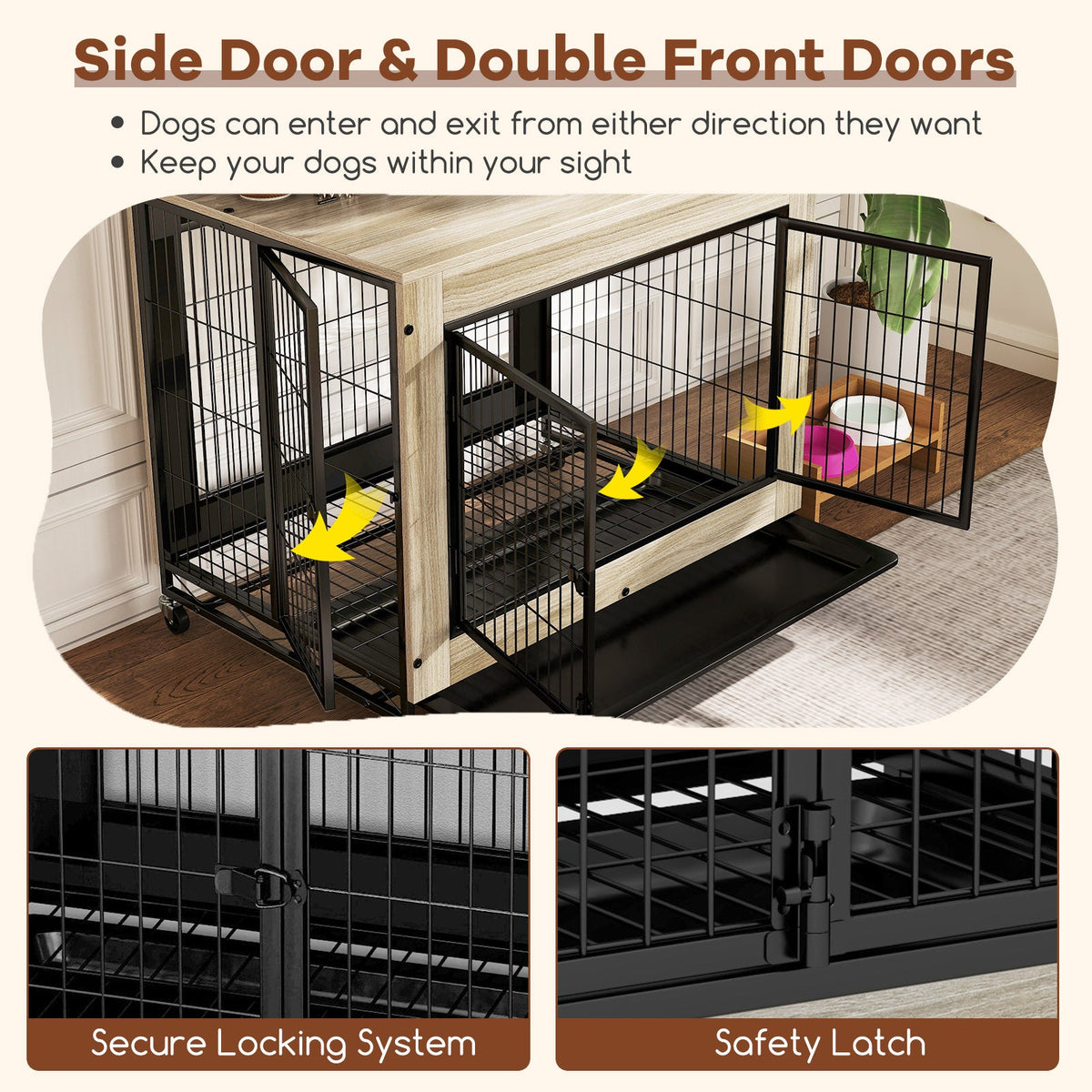 Industrial Dog Kennel with Flip-up Top 3 Lockable Doors and Removable Tray-Gray