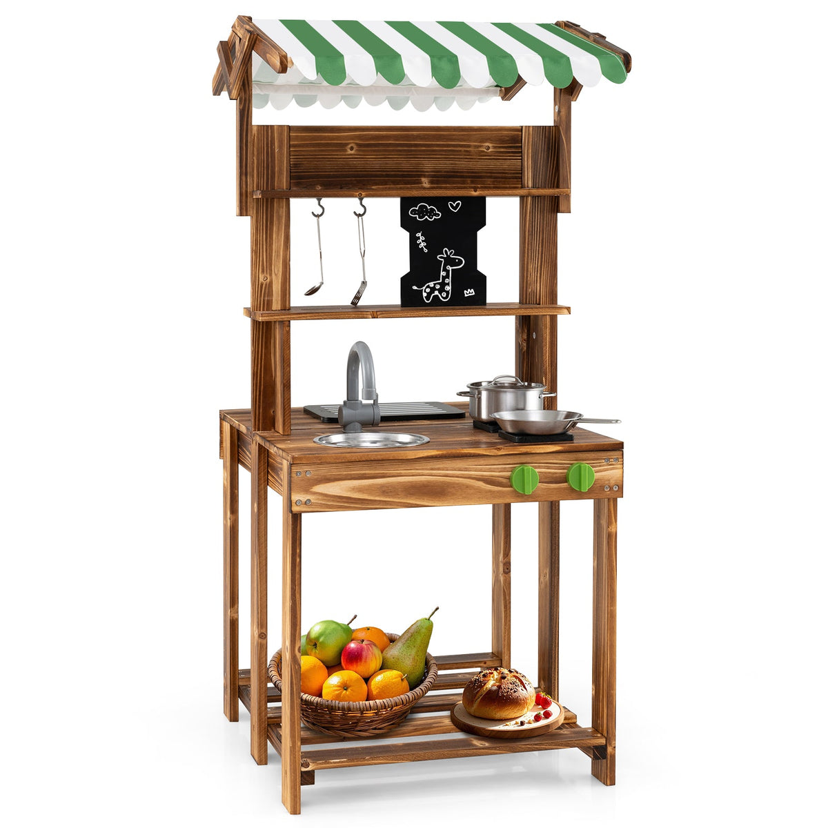 Double-Sided Mud Kitchen with Canopy and Chalkboard for 3+ Years Old-Natural